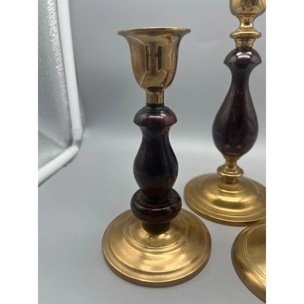Vtg‎ Brass & Wood set 3 Candlestick holders dark wood Traditional Classic style